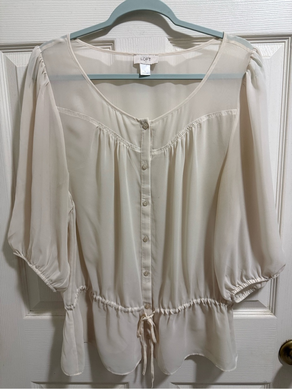 LOFT Cream Button-Front Peasant Top with Drawstring